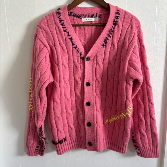 MNML Sweaters - MNML Pink Cable Knit Cardigan with Embroidered Detail